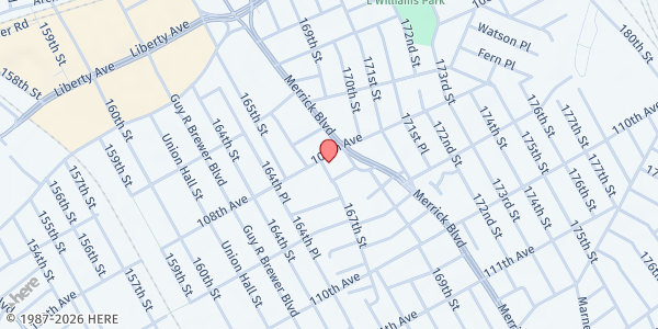 Map showing Community Church of Christ Food Pantry at 167-04 108th Ave, Queens, NY