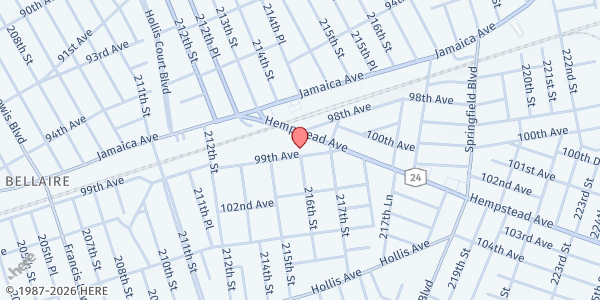 Map showing Divine Food Pantry - Queens at 215-31 99th Avenue, Queens, NY