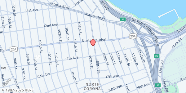 Map showing ELMCOR YOUTH & ADULT ACTIVITIES #2 at 33-16 108TH STREET, Queens, NY