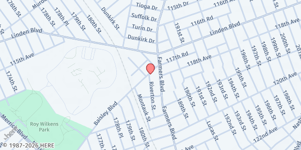 Map showing First Church of God In Christ Food Pantry at 187-10 BAISLEY BLVD, Queens, NY