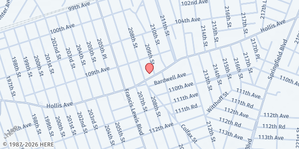 Map showing Hollis Avenue Congregational Church at 208-11 Hollis Ave, Queens, NY