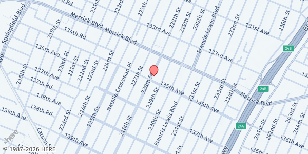 Map showing JAMAICA QUEENS WESLEYAN CHURCH PANTRY at 134-49 228TH STREET, Queens, NY