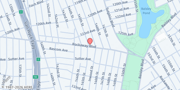 Map showing Morris Brown AME Church Helping Hands Food Pantry at 145-03 Rockaway Blvd, Queens, NY