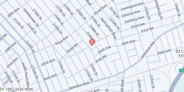 Map showing MOUNT SINAI SEVENTH DAY ADVENTIST CHURCH at 217-10 93RD AVENUE, Queens, NY