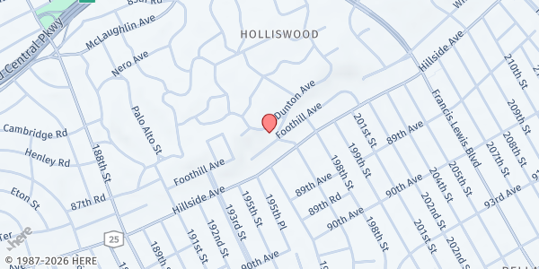 Map showing MUNA Social Services - Masjid Ar Rayyan at 196-43 FOOTHILL AVENUE, Queens, NY