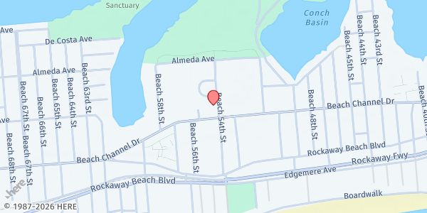 Map showing Ocean Bay Food Pantry at 411 Beach 54th St, Queens, NY