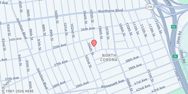 Map showing Our Lady of Sorrows at 35-34 105th St, Queens, NY
