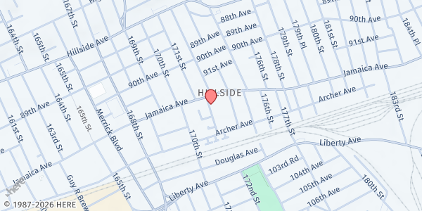 Map showing POWER HOUSE ZION APOSTOLIC CHURCH PANTRY at 92-11-172ND STREET - 1ST FLOOR, Queens, NY