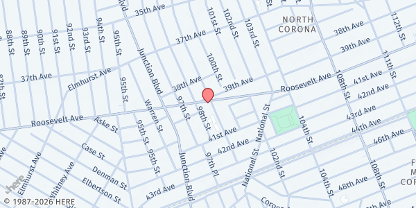 Map showing PS 19Q Marino Jeantet at 9802 Roosevelt Avenue, Queens, NY