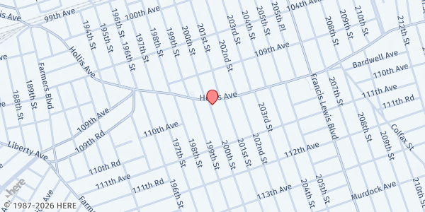 Map showing Second Chance Agape Worship Center at 200-12 HOLLIS AVENUE, Queens, NY