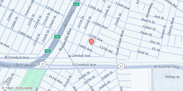 Map showing The Yvonne Gittens Food Pantry at St. Peter's Episcopal Church, Rosedale at 137-28 244TH STREET, Queens, NY