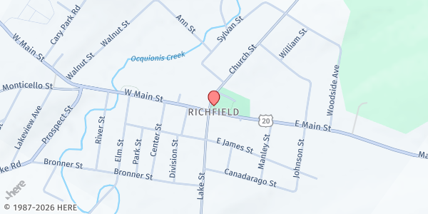 Map showing Spring Park - Richfield Springs Area Saturday Farmers' Market at Main St and Church St, Richfield Springs, NY