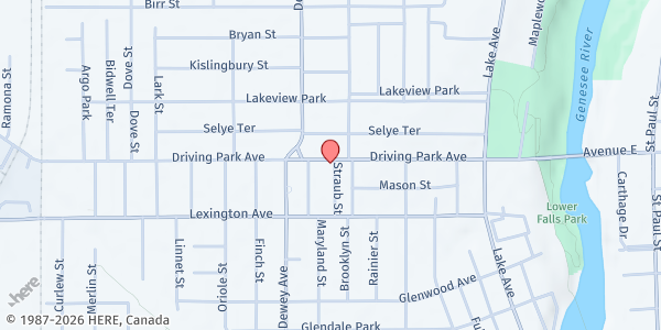 Map showing Agape Haven of Abundance Food Pantry at 289 Driving Park, Rochester, NY