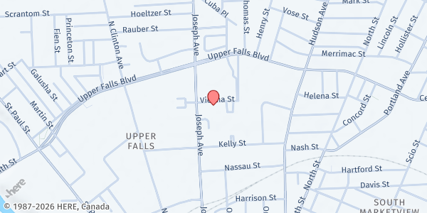 Map showing Baden Street Settlement Emergency at 13 Vienna Street, Rochester, NY
