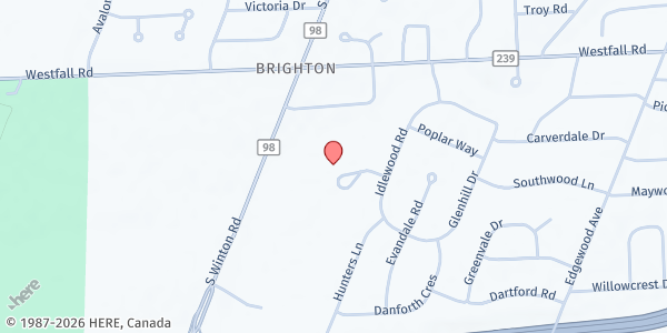 Map showing Brighton Food Cupboard at 2131 Elmwood Ave. Door A, Rochester, NY