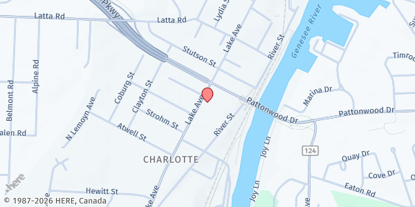 Map showing Carolyn's Cupboard at Abundant Grace Church at 4292 Lake Ave, Rochester, NY