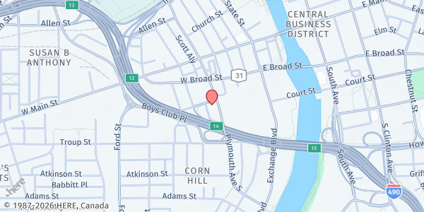 Map showing Central Church of Christ PAN at 101 S. Plymouth Ave, Rochester, NY