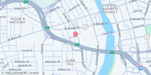 Map showing Central Church of Christ SKT at 101 S. Plymouth Ave, Rochester, NY