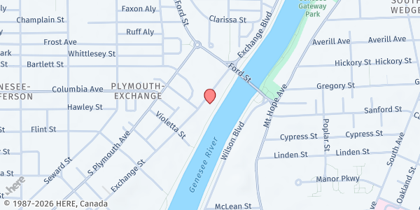 Map showing Church of Love Faith Center at 700 Exchange Street, Rochester, NY