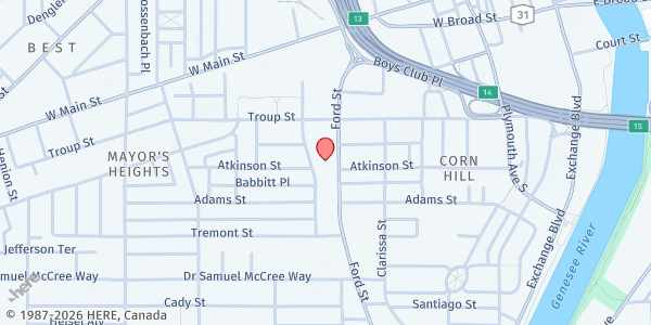 Map showing Curbside Market-James Dobson Apts at 150 Van Auker St, Rochester, NY