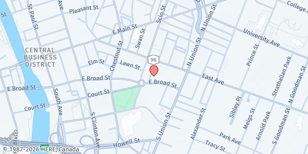 Map showing Curbside Market-Manhattan Sq Family Medicine at 454 E Broad St., Rochester, NY