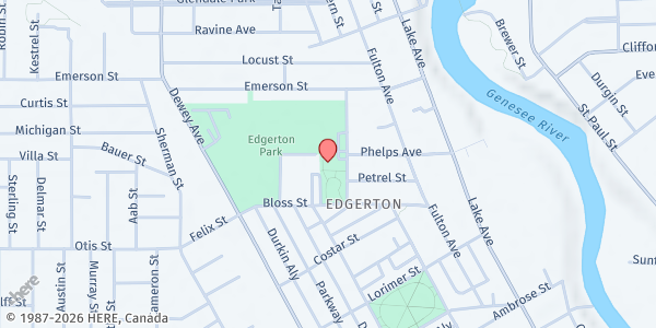 Map showing Edgerton R-Center at 41 Backus St., Rochester, NY