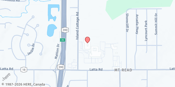 Map showing Greece CSD Food Pantry at 130 Island Cottage Road, Rochester, NY