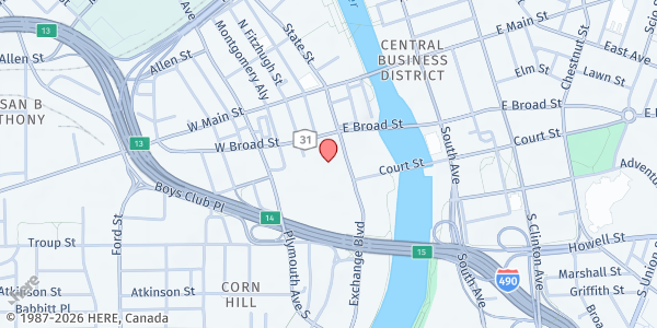 Map showing Hall of Justice at 99 Exchange Blvd., Rochester, NY