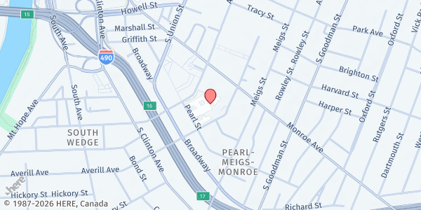 Map showing James Monroe High School at 164 Alexander Street, Rochester, NY