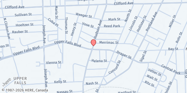 Map showing Merrimac Street Parking Lot, Upper Falls Square Apts at 396 Hudson Ave, Rochester, NY