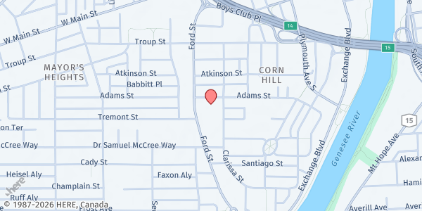 Map showing Mt Olivet Baptist Church Food Pantry at 141 Adams Street, Rochester, NY