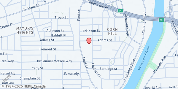 Map showing Mt Olivet Baptist Church FP at 141 Adams Street, Rochester, NY