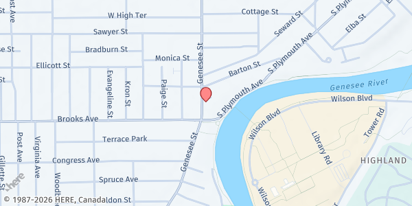 Map showing New Horizon Faith Center at 910-A Genesee St., Rochester, NY