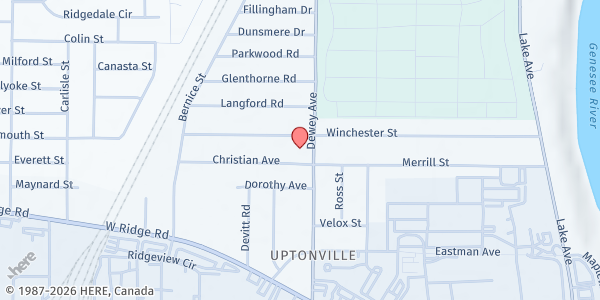 Map showing New Light FOC United Methodist Church Food Pantry at 2009 Dewey Ave., Rochester, NY