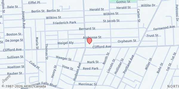 Map showing Northside Church of Christ at 634 Hudson Avenue, Rochester, NY