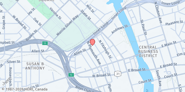 Map showing Open Door Mission Samaritan House at 156 North Plymouth Avenue, Rochester, NY