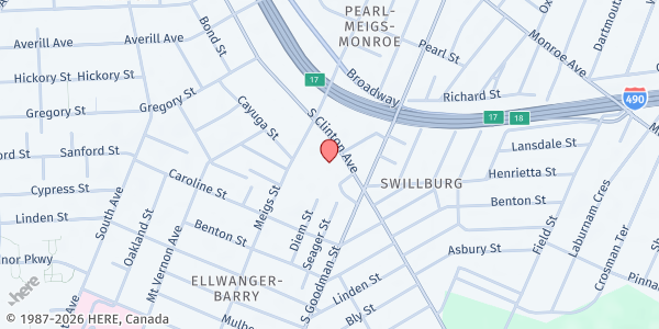 Map showing Pinnacle Place Apartments at 919 S. Clinton Avenue, Rochester, NY