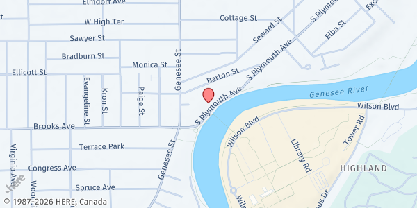 Map showing Plymouth Gardens at 1400 S. Plymouth Ave, Rochester, NY