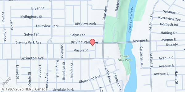 Map showing ROC Harvest Community Food Cupboard at 121 Driving Park, Rochester, NY