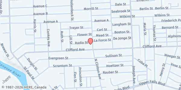 Map showing Salvation Army Emergency Food Assistance at 915 N. Clinton Avenue, Rochester, NY