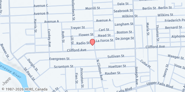 Map showing Salvation Army Rochester Temple Corps at 915 N. Clinton Avenue, Rochester, NY
