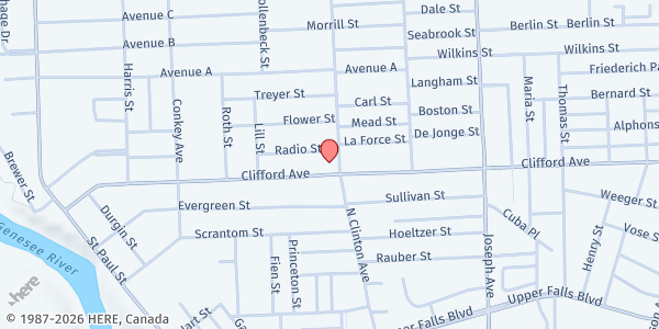 Map showing Salvation Army Rochester Temple Corps at 915 N. Clinton Avenue, Rochester, NY