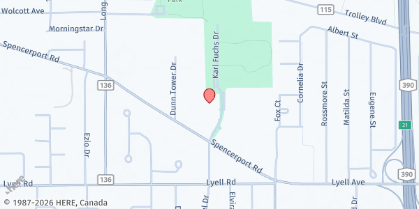 Map showing St. Theodore's Social Ministries Food Cupboard at 168 Spencerport Road, Rochester, NY