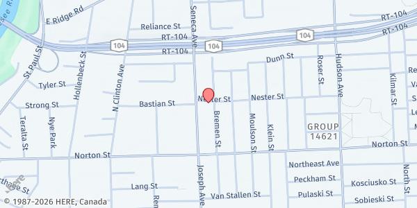 Map showing The Community Food Cupboard at 11 Nester St., Rochester, NY