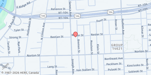 Map showing The Community Food Cupboard of Rochester at 11 Nester St., Rochester, NY