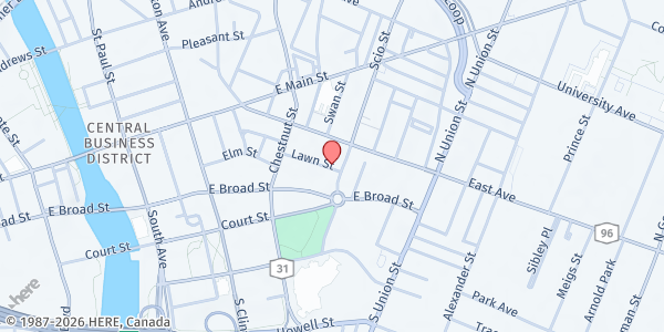 Map showing The Father's House Life Center at 28 Lawn St, Rochester, NY