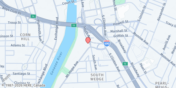 Map showing The Health Association Of Rochester And Monroe County - Food Distribution Center at 1 Mt Hope Ave, Rochester, NY