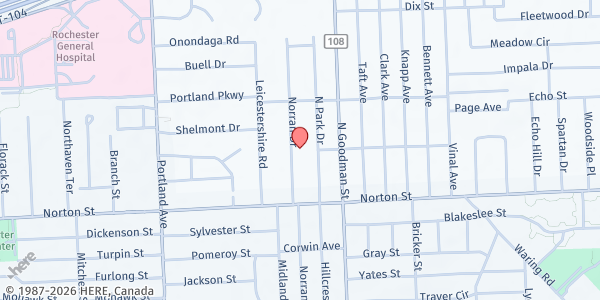 Map showing University Tower at 355 N Park Dr, Rochester, NY