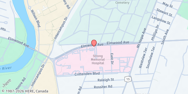 Map showing URMC Emergency Food Pantry at 575 Elmwood Ave., Rochester, NY
