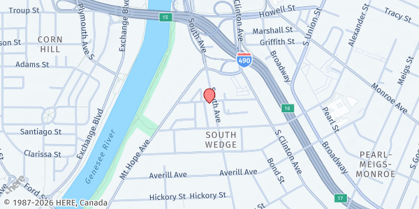 Map showing Veteran's Outreach Pantry at 447 South Avenue, Rochester, NY